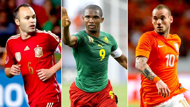 Andres Iniesta, Samuel Eto'o and Wesley Sneijder