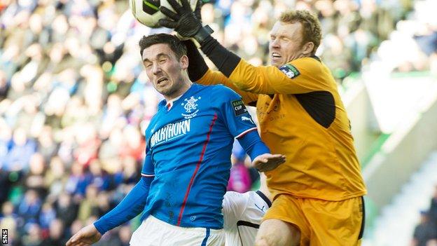 Rangers forward Nicky Clark challenges Raith Rovers goalkeeper Lee Robinson in last season's Challenge Cup final