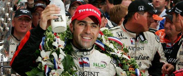 Dario Franchitti celebrates his first win in the Indianapolis 500