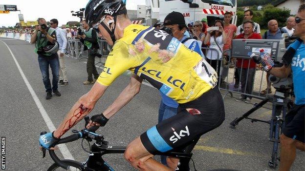 Chris Froome suffered cuts and abrasions to his left shoulder and elbow