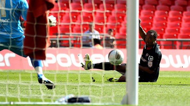 Byron Moore's League Two play-off final strike for Crewe against Cheltenham at Wembley, May 2012