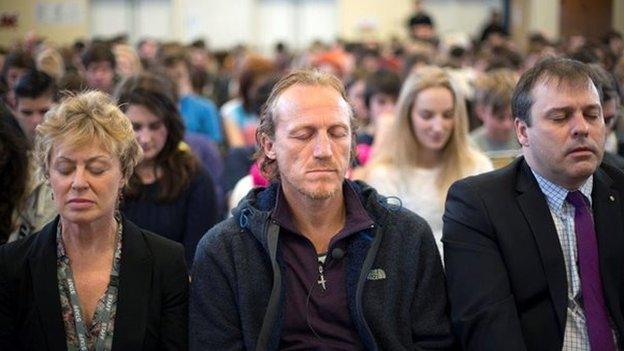 Jerome Flynn joins pupils and staff at Ysgol Dewi Sant in a mindfulness session