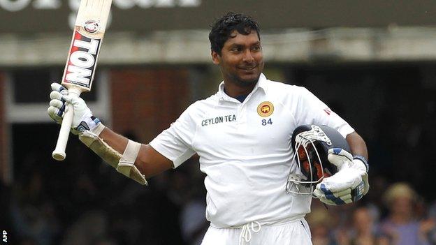 Sri Lanka batsman Kumar Sangakkara celebrates his century at Lord's