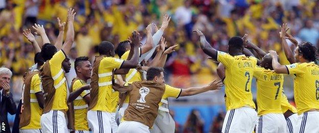 Colombia celebrate their opening goal