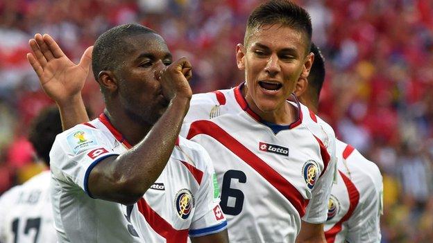 Costa Rica's Joel Campbell (left) and Oscar Duarte scored for Costa Rica against Uruguay