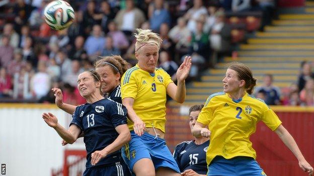 Scotland and Sweden players challenge for an aerial ball