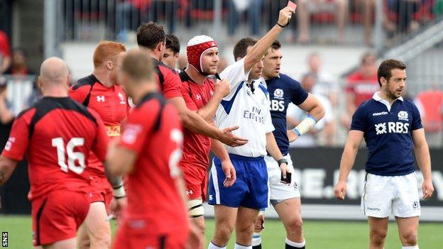 Canada's Jebb Sinclair is red-carded against Scotland