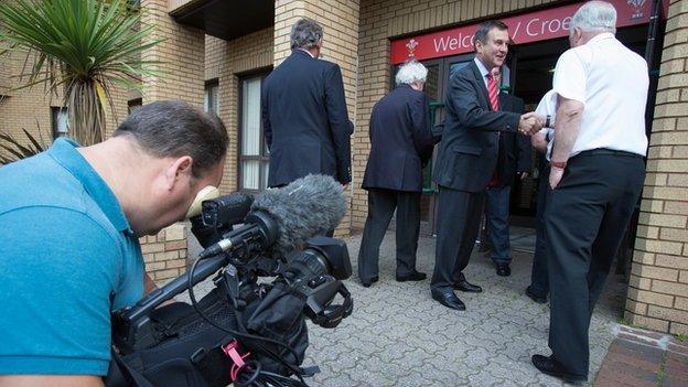 WRU chief executive Roger Lewis greets delegates at the EGM