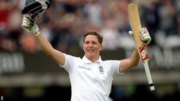 England's Gary Ballance celebrates his maiden Test century