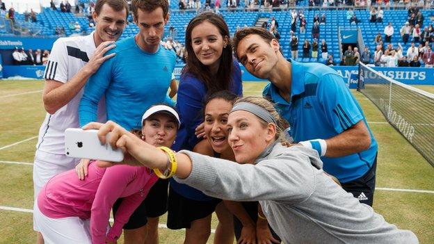 Andy Murray, Jamie Murray, Laura Robson, Ross Hutchins, Martina Hingis, Heather Watson and Victoria Azarenka take a selfie at the Rally for Bally