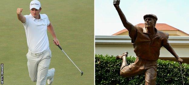 Justin Rose marked the end of his final round by mimicking the statue of 1999 champion Payne Stewart