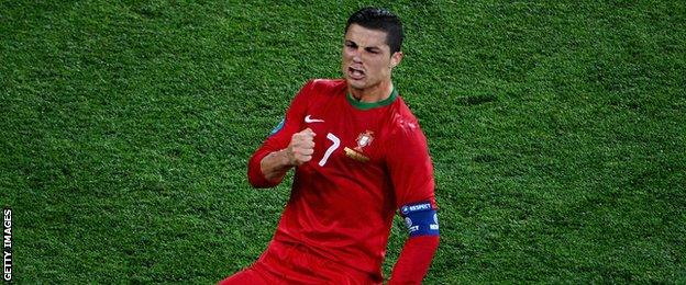 Ronaldo celebrates scoring for Portugal.