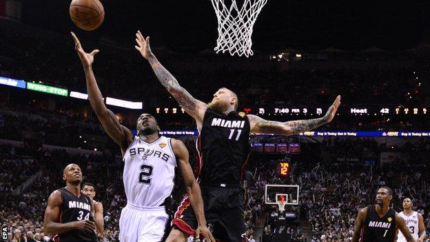 San Antonio Spurs forward Kawhi Leonard goes to the basket