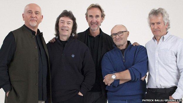 Genesis members Peter Gabriel, Steve Hackett, Mike Rutherford, Phil Collins and Tony Banks