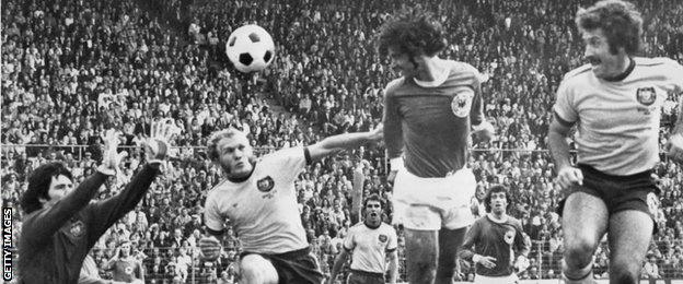 West Germany's Gerd Muller scores against Australia at the 1974 World Cup.