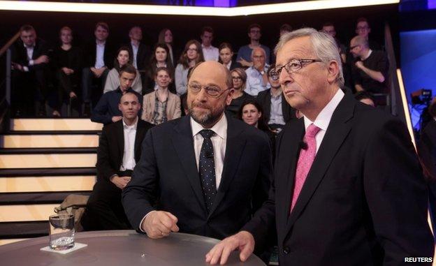 Mr Juncker (R) and European Socialist candidate Martin Schulz took part in a televised debate on 8 May