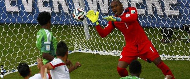 Nigeria's goalkeeper Vincent Enyeama makes a save during their 2014 World Cup Group F soccer match against Iran