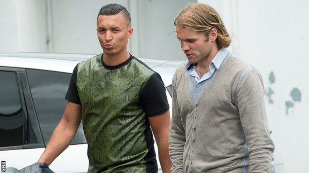 Soufian El Hassnaoui (left) and Hearts head coach Robbie Neilson