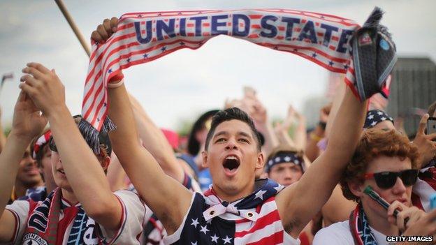 Carlos Pineda joins other fans in Grant Park to watch the US play Ghana in a World Cup soccer match in Chicago, Illinois 16 June 2014