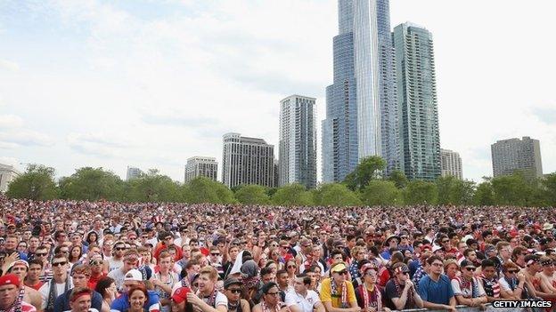 Fans gather in Grant Park to watch the US play Ghana in a World Cup soccer match in Chicago, Illinois 16 June 2014