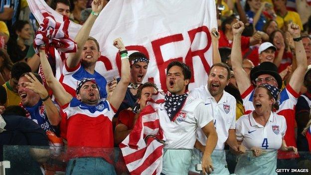 Fans of the United States cheer during the 2014 FIFA World Cup Brazil Group G match between Ghana and the United States at Estadio das Dunas in Natal, Brazil 16 June 2014