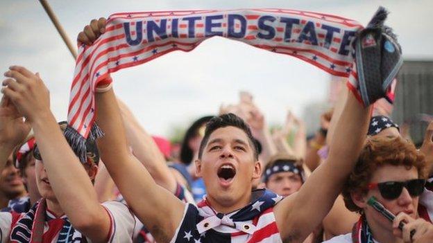 Carlos Pineda joins other fans in Grant Park to watch the US play Ghana in a World Cup soccer match in Chicago, Illinois 16 June 2014