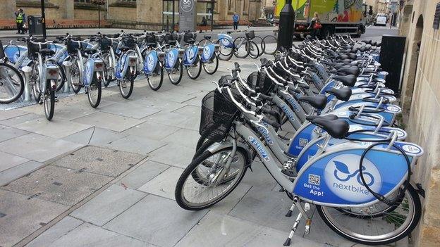 The bikes ready for hire in Orange Grove, Bath