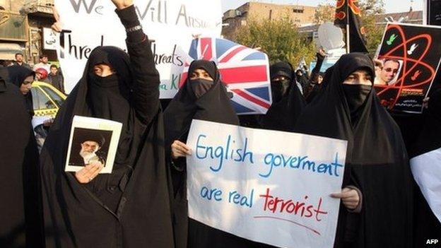 Protesters outside the British embassy in Tehran in 2011