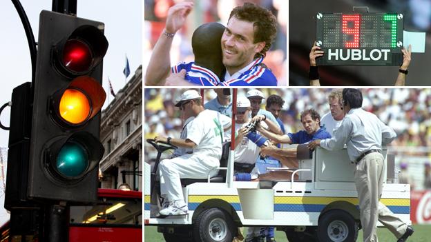 A traffic light, France's Laurent Blanc celebrates his golden goal, a substitute board is held up and Franco Baresi is carried off on an injury cart