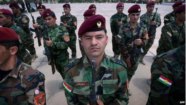 Iraqi Kurdish Peshmerga fighters stand to attention in the grounds of their camp in Irbil (14 June 2014)