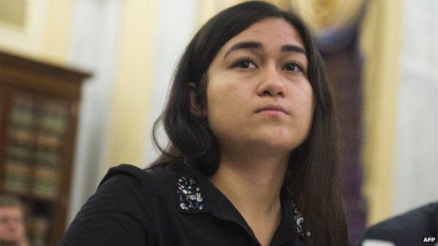 Jewher Ilham, daughter of Ilham Tohti, a prominent Uighur academic who was recently arrested by China, testifies at the Congressional-Executive Commission on China on Capitol Hill in Washington on 8 April 2014