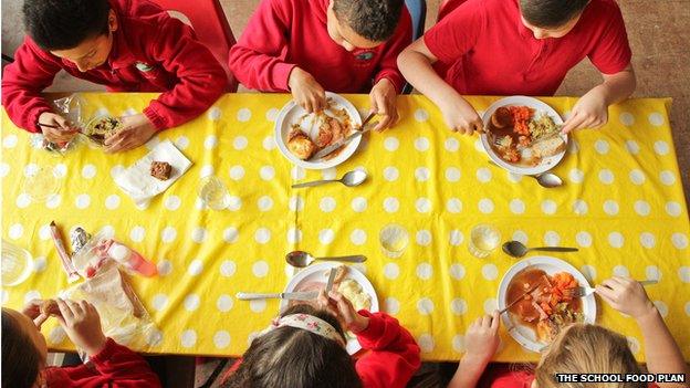 Children eating roast dinners