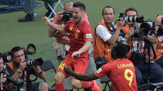 Dries Mertens celebrates scoring Belgium's winner