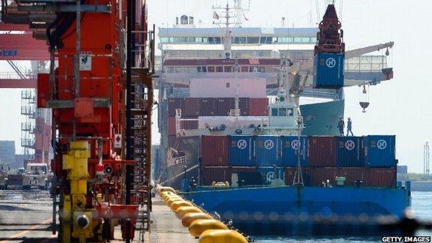 Shipping barge with containers in japan