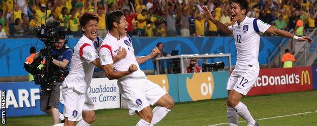 Lee Keun-ho celebrates his goal for South Korea.