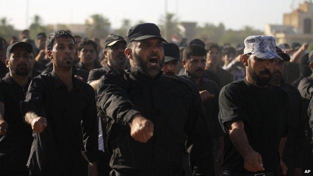 Volunteers training at a base in Najaf, 100 miles (160km) south of Baghdad, Iraq, on 17 June