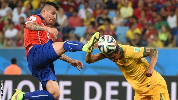 Gary Medel in action for Chile in the World Cup in Brazil against Australia