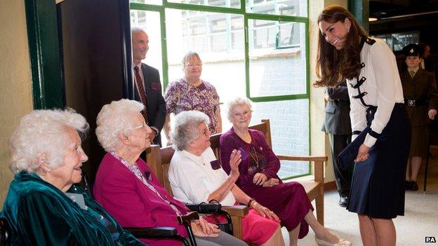 The Duchess of Cambridge talks with Bletchley veterans (from the left) Peggy Huntington, Joan Joslin, Iris King and Alma Wightman, during a visit to Bletchley Park