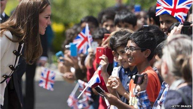 The duchess met with flag-waving children at Bletchley Park