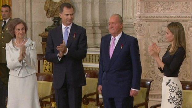 Queen Sofia with Prince Felipe, Juan Carlos and Princess Letizia