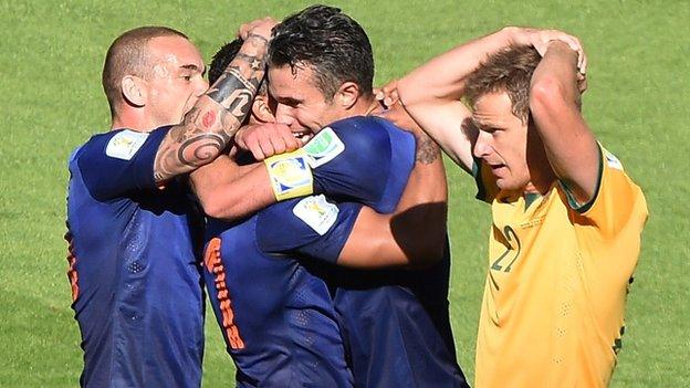 The Dutch celebrate after their winner against Australia