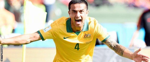 Australia midfielder Tim Cahill celebrates his stunning volley against Netherlands