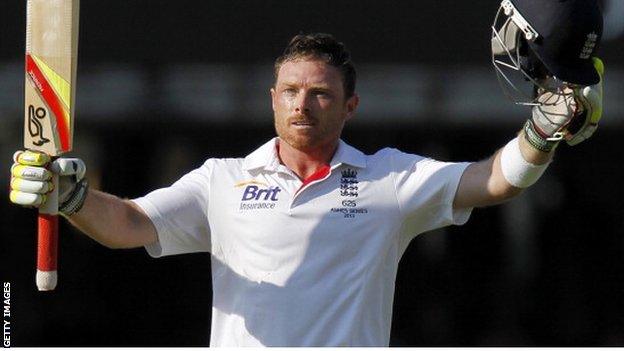 England's Ian Bell celebrates scoring a century during the first day of the second Ashes Test match Lord's in July 2013