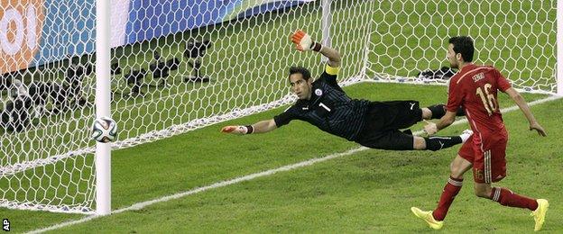 Spain midfielder Sergio Busquets shoots wide from five yards against Chile