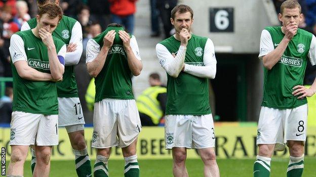 Hibernian were relegated following a penalty shoot-out loss in the play-offs