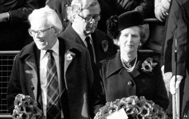 Michael Foot and Margaret Thatcher at Remembrance Sunday ceremony 1981