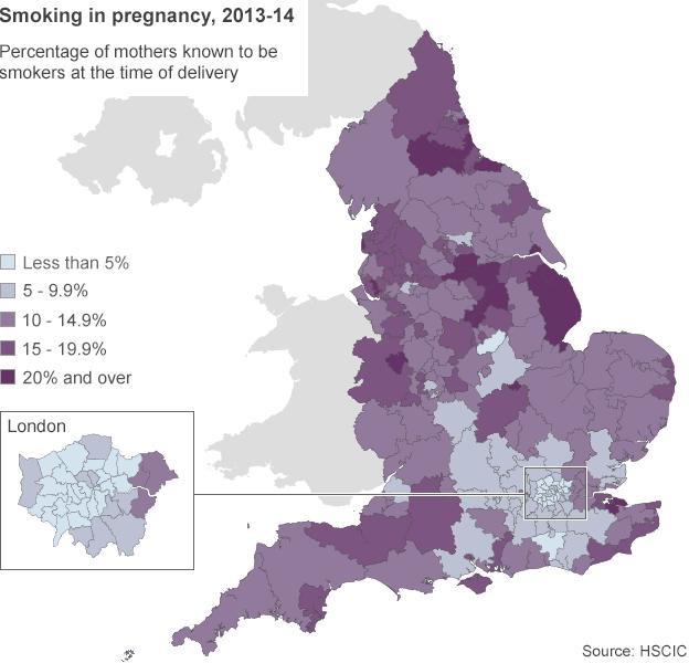 Map showing rates of smoking in pregnancy, by CCG