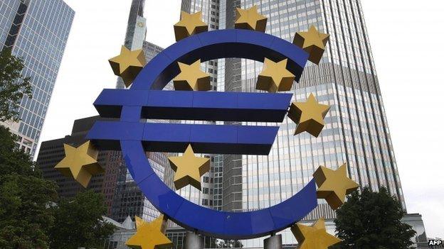 Euro logo at ECB headquarters in Frankfurt