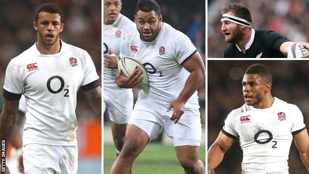 Clockwise from left: England second row Courtney Lawes, England number eight Billy Vunipola, New Zealand number eight Kieran Read and England inside centre Kyle Eastmond