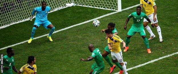 Colombia's James Rodriguez puts his side in front against Ivory Coast